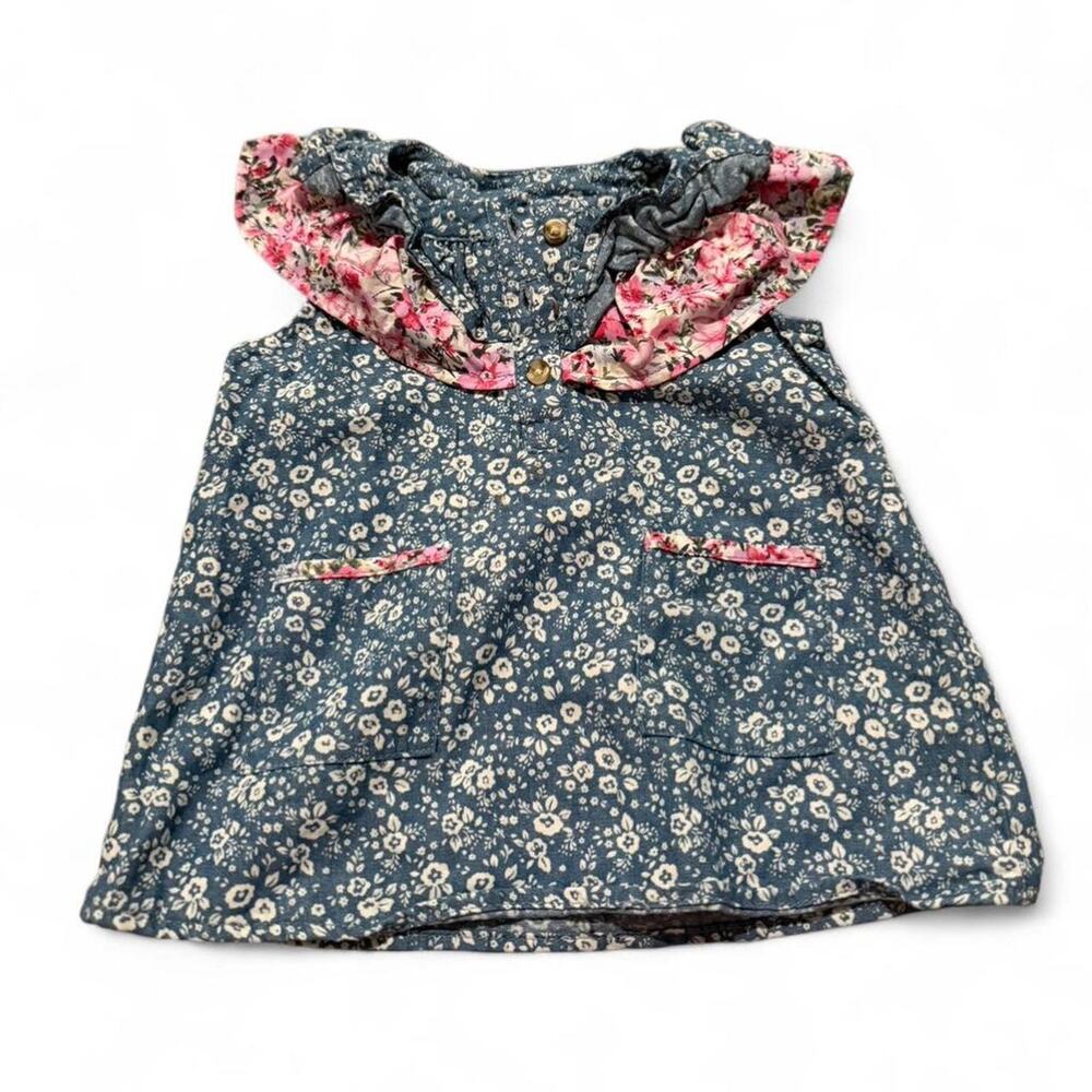 Vintage Bonnie Baby Cottagecore Floral Chambray Ruffle Dress Sz 6-9 Months